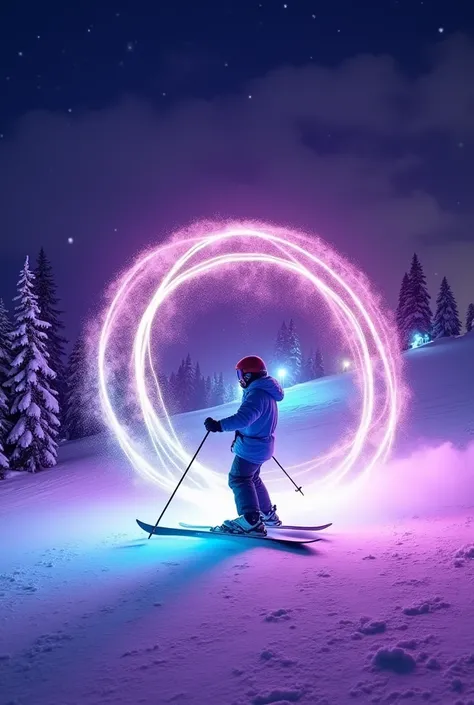 A skier performs a light show at a ski resort under the cover of night, his movements accompanied by the rhythm of music, and the background is a ski slope illuminated by lights and a starry sky. The art style is dreamy, with purple and white as the main c...