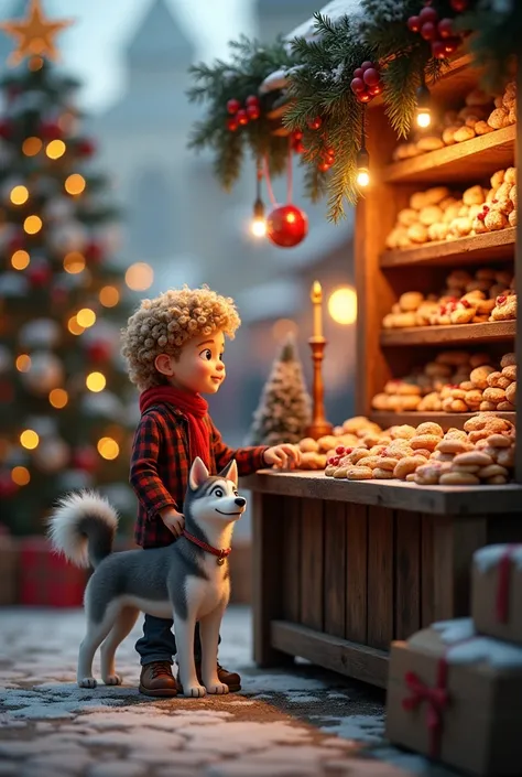 Alsatian Christmas market stand in front with a  blond boy with curly hair and his gray and white husky puppy.
On the stand are jars of Christmas cookies and candy and candy .
 On the left of the stand is a beautiful Christmas tree with a twinkling star .