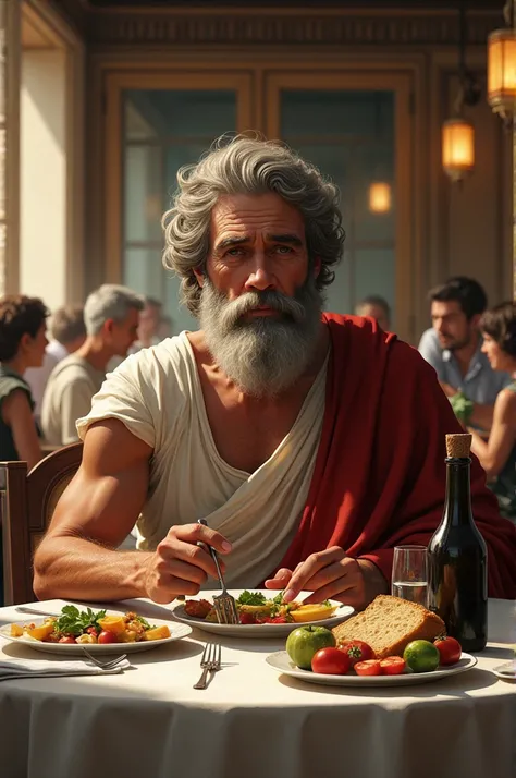 I need a drawing of Pythagoras eating in a restaurant