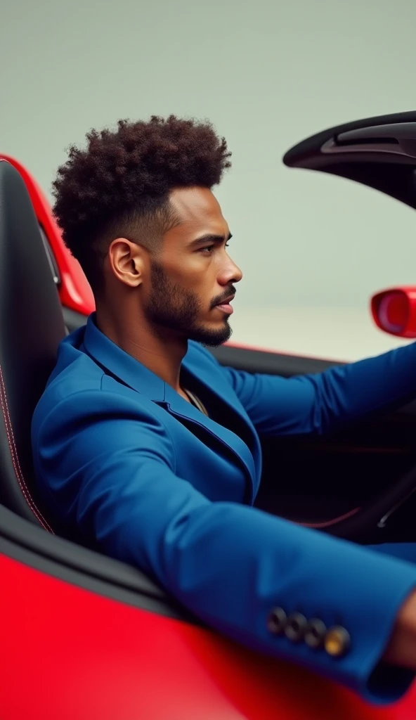 Neymar JR driving a red ferrari car wearing royal blue formal (side view)
