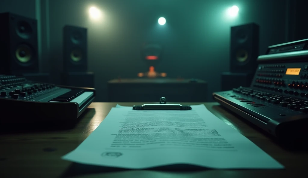 A blurry signed contract in a blurry music studio. 