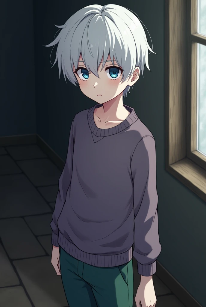 Create a serious boy ,  his hair is white and his eyes are blue ,  he will have pale white skin ,  he will have a purple sweater and tight green long pants. (anime)