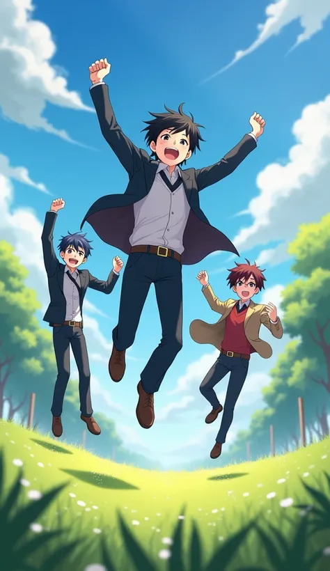 Anime characters jumping in the air with their arms in the air generative aiHigh Resolution, Masterpiece, Accurate, Award Winning, Best Quality, Detail, college boys in proper dress beautiful characters ,enjoying success and chillGlowing Light, Depth Of Fi...