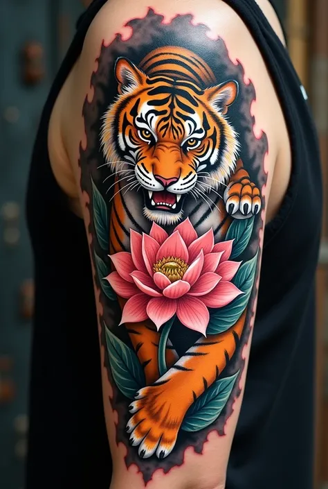 neotraditional tiger with lotus for tattoo