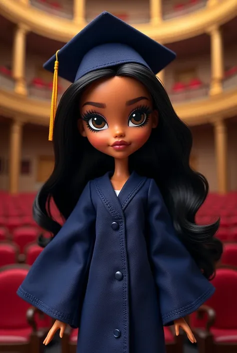  Create me a Bratz doll similar to the Jasmine doll but with almond shaped eyes wearing graduation costumes (Let the gown be navy blue ).  Put an auditorium background on it (executive). Use this same doll make it a little chubbier (not so much)   but make...