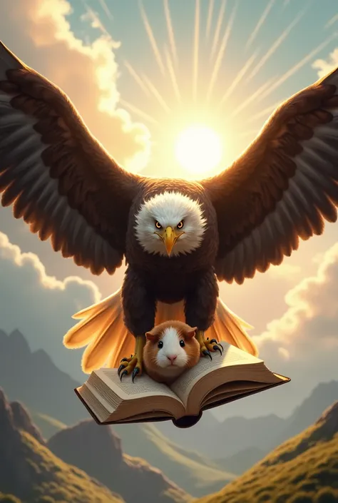 An eagle in flight holding a book in its claws, on a background with rays of light . Grabbing a guinea pig in its paws 