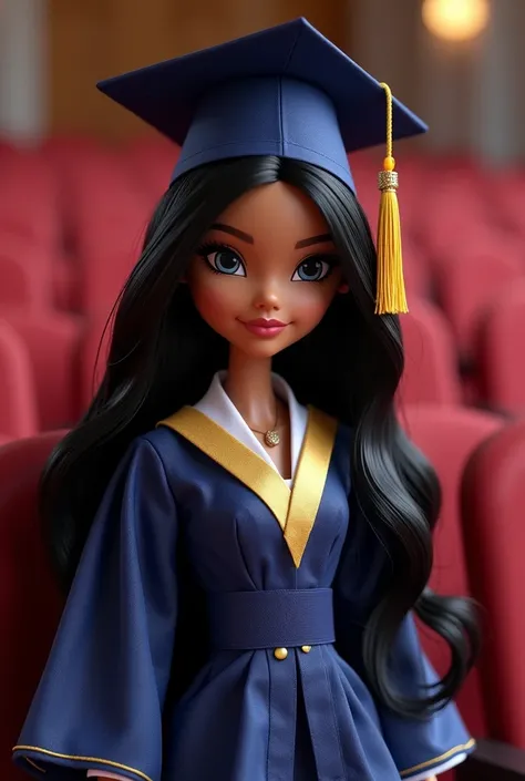  Create me a Bratz doll similar to the Jasmine doll but with almond shaped eyes wearing graduation costumes (Let the gown be navy blue ).  Put an auditorium background on it (executive). Use this same doll make it a little chubbier (not so much)  But do it...