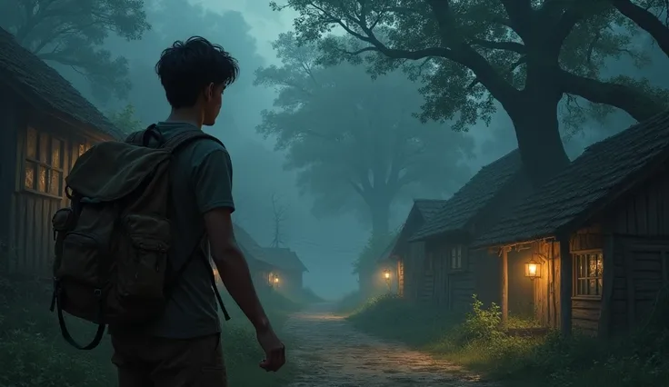 
Leaving the Village:

Avinash walks toward the dark forest with his bag on his shoulder. The village huts fade into the background as he steps onto a narrow path.
