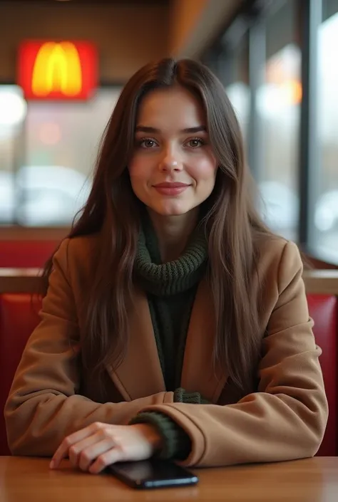 32 year old white woman with smooth skin with long straight brown hair, American coat for cold weather, sitting in a McDonalds, on the table an iPhone 15 cell phone, realistic hands.