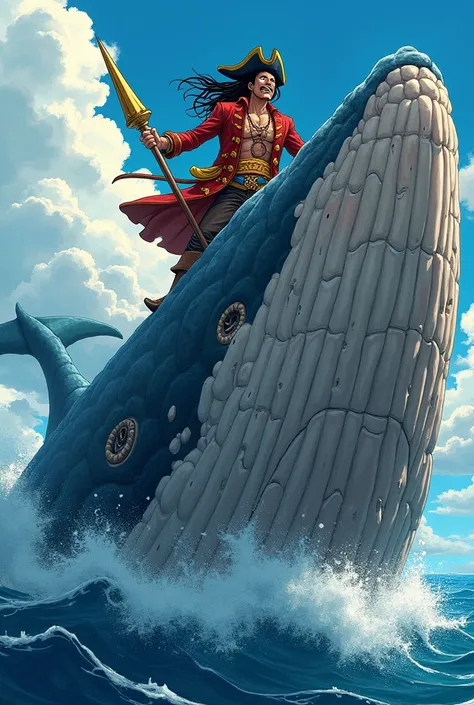 Create me a pirate in the style of one piece with long hair and typical pirate clothes and rings with a gold fang the man with scars has a harpoon that is on top of a huge and monstrous whale full of scars 