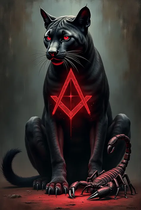 Painting a masonic symbol inside a puma next to a scorpion color black red resolution 1080x2400