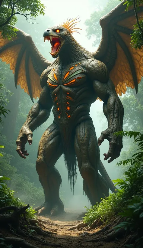 Create a colossal hybrid titan inspired by Brazils wildlife and mythological creatures, shown from a full-body perspective in the background. The titans massive body is a fusion of a jaguar and an ancient tree, with bark-like skin covering its enormous, mu...