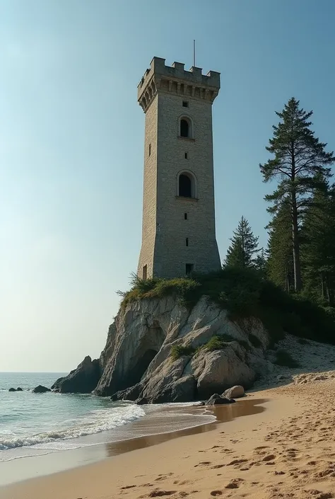 The image should not have people and should be set on a beach with a nearby forest,  the landscape is the tower in the form of a medieval lighthouse on a small sloping hill half destroyed vertically, is located on a beach .