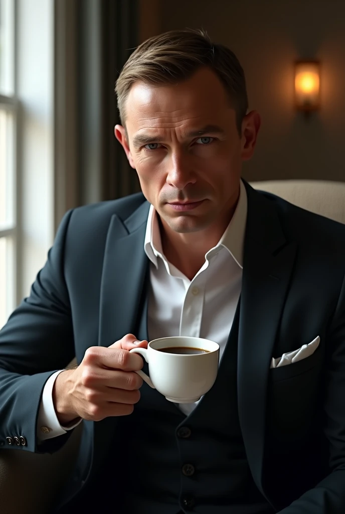 Create an image of James Bond,  With a cup of coffee in hand 