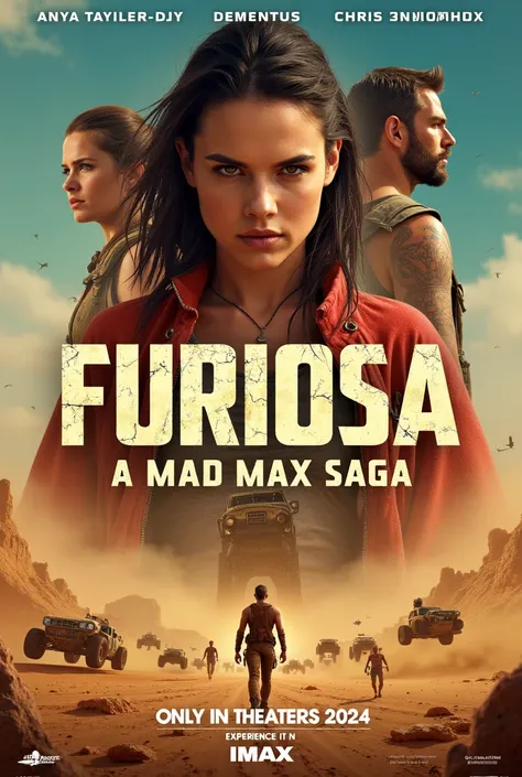 Create a poster for the movie "Furiosa: A Mad Max Saga"
The poster has a main color tone of orange, yellow, brown and blue, creating a feeling of heat, dust, and adventure. The poster layout focuses on many characters, with Furiosa in the most prominent po...