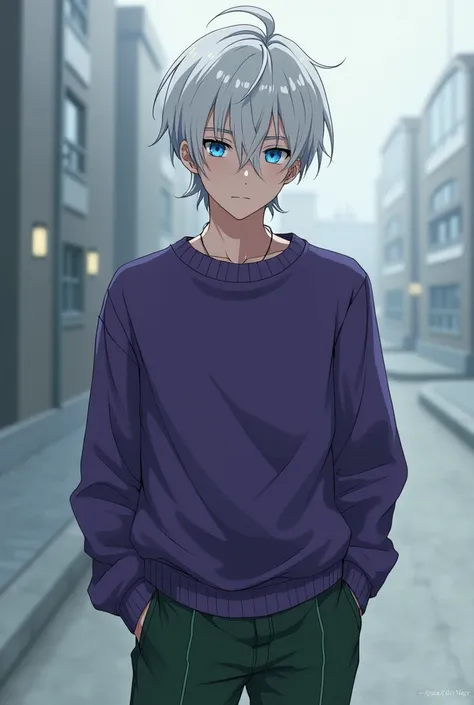  Create a serious teenage boy of 19   ,   his hair is white and his eyes are blue  ,  he will have pale white skin  ,   he will have a purple sweater and tight green long pants. (anime)