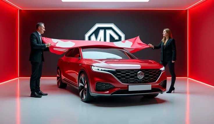 A captivating image of a ( 2025 MG Hector)center stage in a luxurious white showroom. The futuristic, vibrant (full brown color) exterior gleams, showcasing its sleek, aerodynamic design and bold accents. The words (mg) are prominently displayed in large, ...