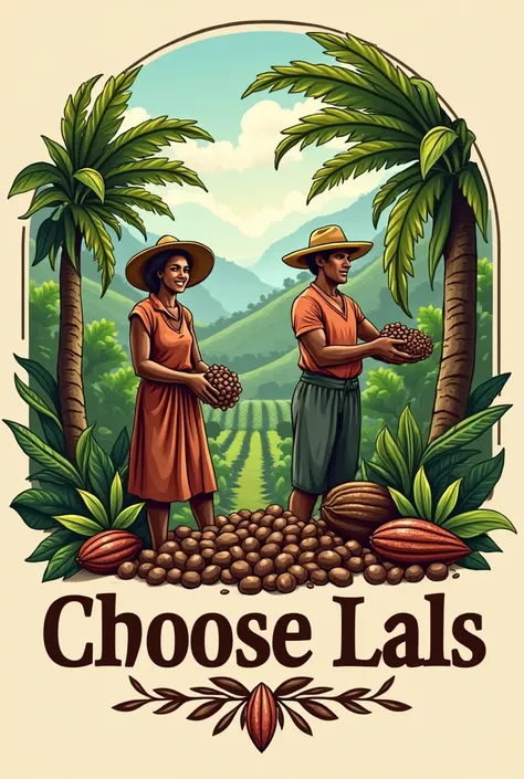 create a logo with the concept of farmers picking chocolate seeds with illustrations on chocolate plantations