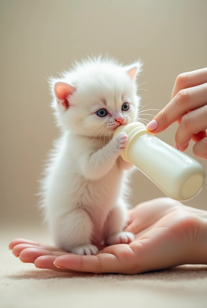 white fluffy kitten feeding milk from baby bottle nipple,sits on human index finger