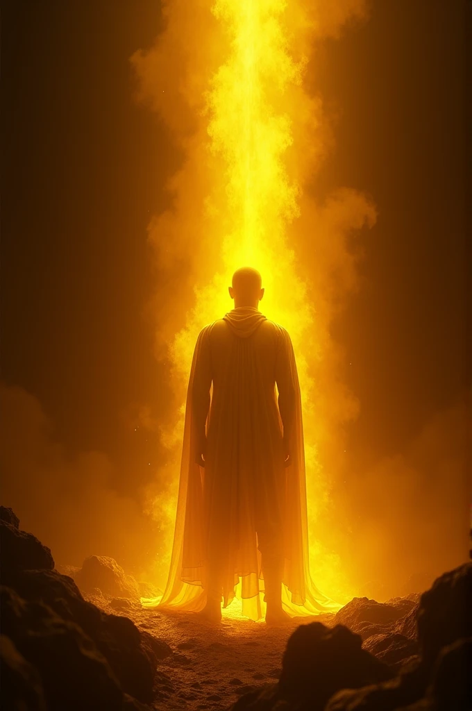 Visual: A figure with his back in a dark environment, with a golden light radiating from his body. In the background, threatening shadows seem to try to turn off this light, but it shines brightly, dominating the environment.

Command:

"A human figure on ...