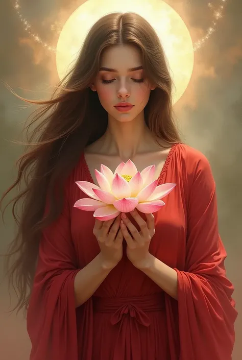 Our Lady has long hair and holds lotus flowers in red dress