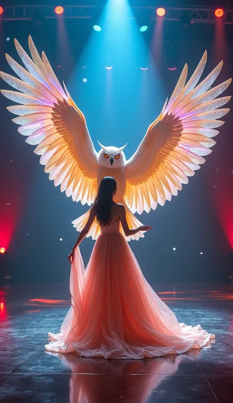 "A grand stage scene featuring a woman in an elegant pink and yellow gown interacting with a majestic crystal-feathered owl. The owls feathers shimmer like prisms, refracting light into delicate rainbows as it spreads its massive wings. The setting is illu...