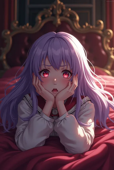 1 girl with light purple long hair and burgundy eyes lies in fear on the bed in the ducal room