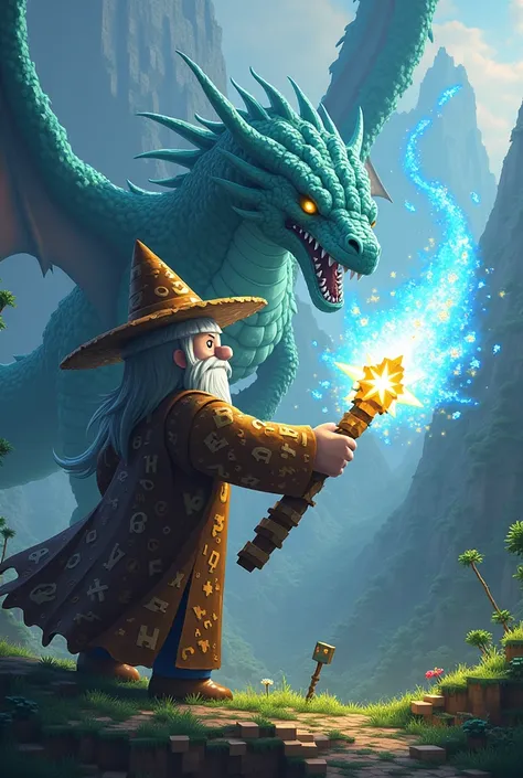 Hello, create an image of a Minecraft wizard character casting a spell on a Minecraft dragon 
