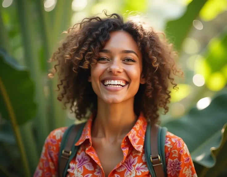 30 year old woman, Tourist traveler ,  must be happy and smiling. 