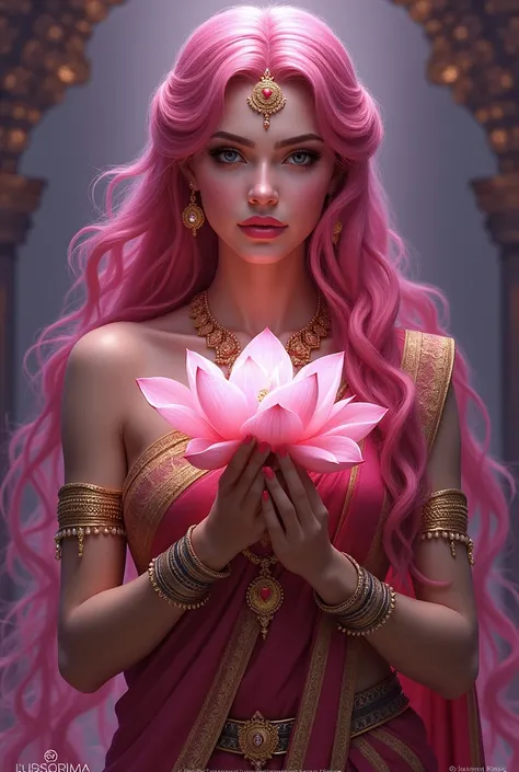 Mother Luxami Indian dress, deity, pink hair, holding lotus flower, purple dress