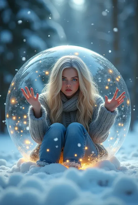  A large old and transparent snowball is found in a snowy forest . Inside the ball, a blond woman with blue eyes is standing in plain sight.  She is dressed in a gray knitted sweater and jeans ,  and she rests on the inside of the ball with her hands , app...