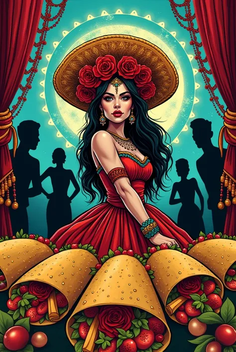 "A neotraditional comic book style illustration in the foreground of a very beautiful Mexican catrina 
 That you have some Mexican tacos projecting towards the camera in extreme perspective
 The background is figures of colors between turquoise and red wit...