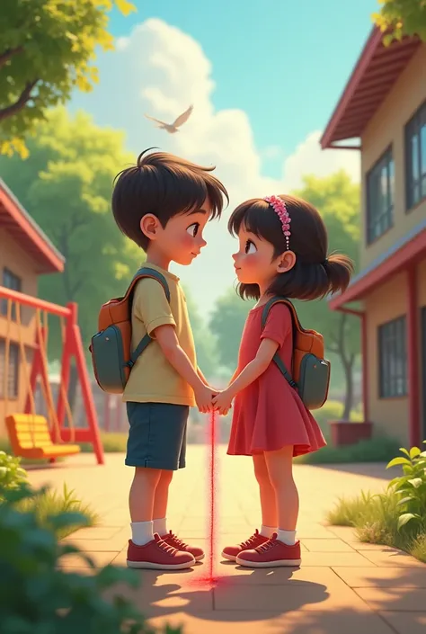 Its a primary school yard: a boy and a girl are tied together by a red thread on their little finger.