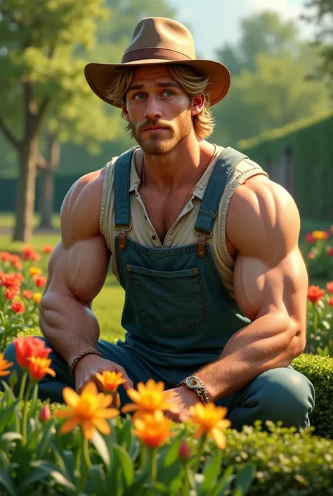 Handsome muscular gardener with wavy blond hair and hat 