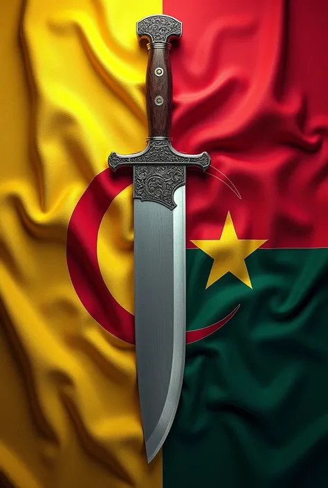 A flag similar to that of the Vatican with a machete like that of Angola and a crescent like that of Turkey 