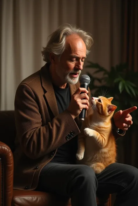 Make a smart man asia 40 years old with the microphone in his hand singing with cats in living room in night 