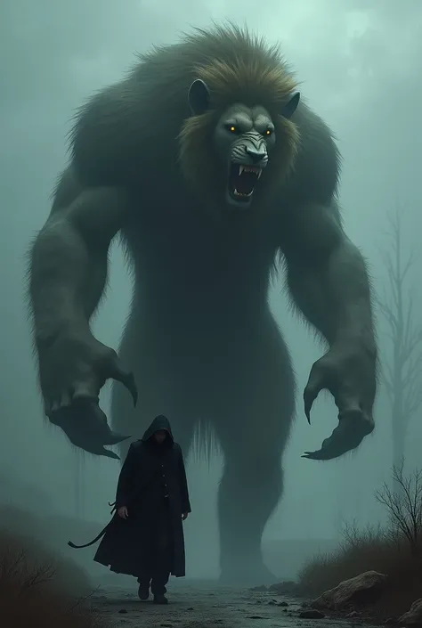 A man dressed in black casually walks with the most terrifying giant lion tail se 