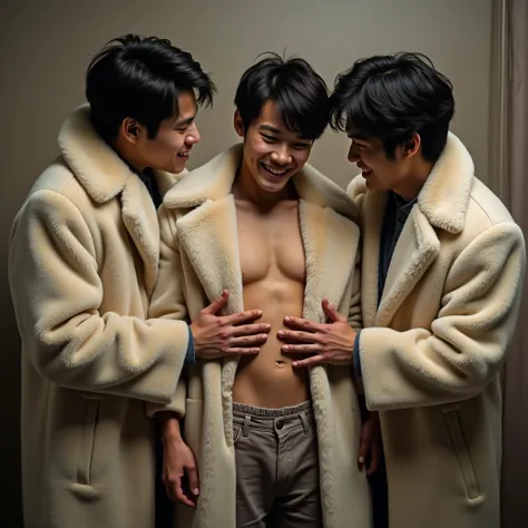  two young Japanese men wearing fur coats holding down both arms、Japanese young man being tickled in his flanks by 2 other men 