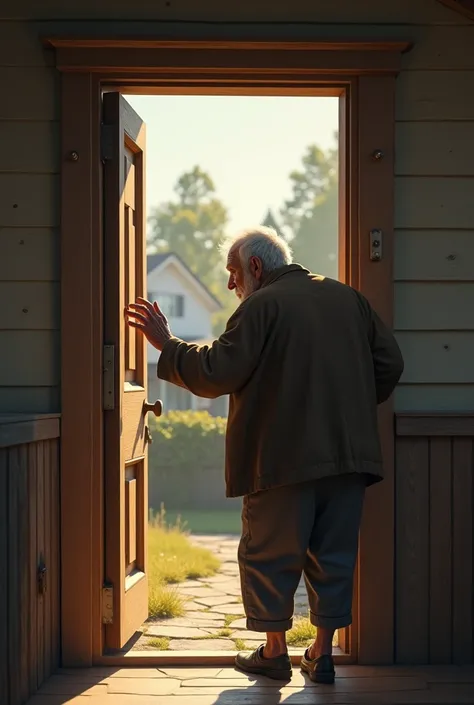 An old man with his back knocking on someones door, by day