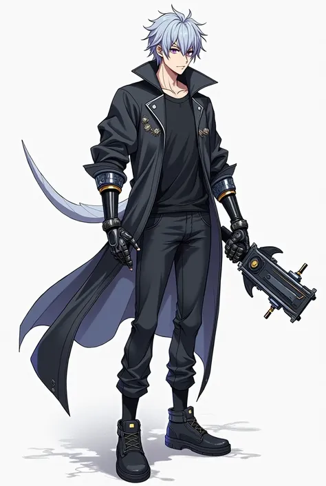 anime.full character design.full body.futurism.pencil sketch.various poses.bright colors.multiple poses.adult male ******.grey hair with a little black.purple eye color.mysterious and cold impression.strong mechanical arm.arm protector weapon.dark sleeved ...