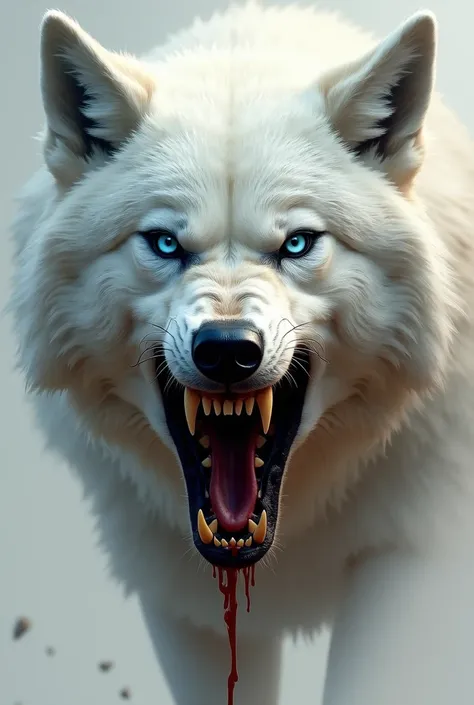 White angry wolf face with havy blood in teeth and blue eyes