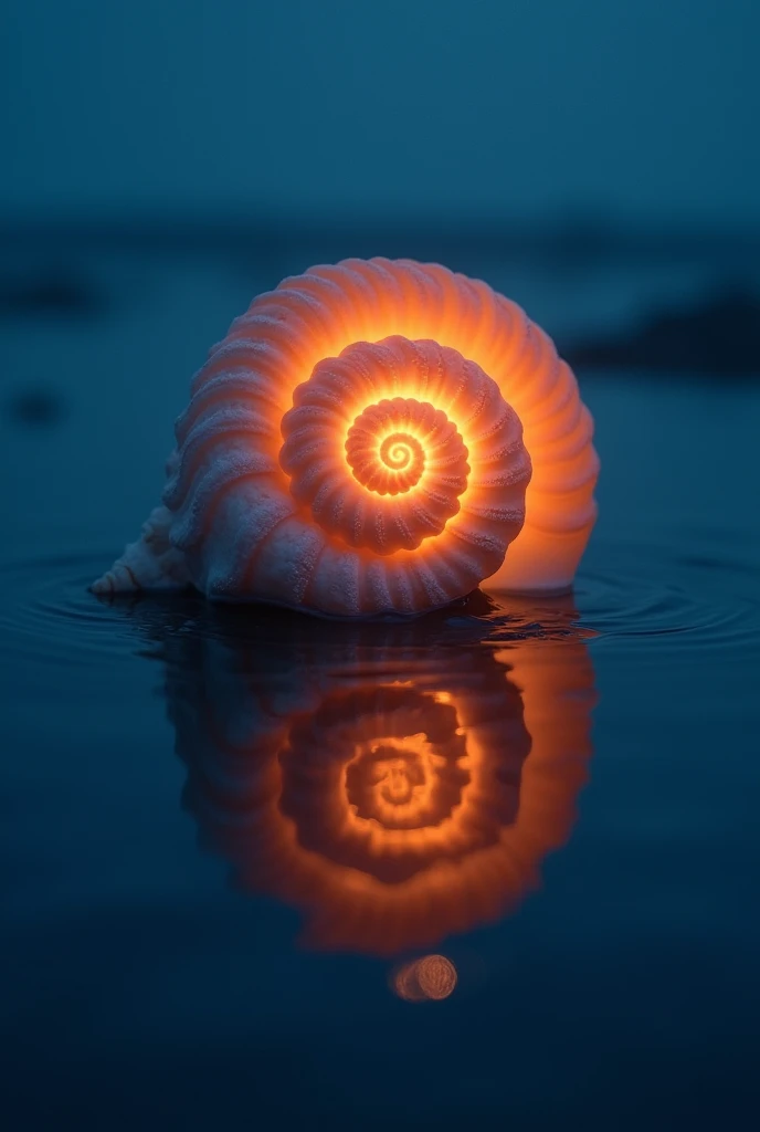 A seashell, intricately spiraled and lit from within with warm, orange-red light, rests atop dark-blue water, reflecting perfectly in the surface, with a dark night sky in the background; the image style is that of a high-resolution, detailed, fine art pho...