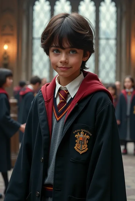 student at Hogwarts, , Tanned skin, Dark Brown hair,  Blue eyes, young boy, realistic, 4k, magic, hes wearing a Hogwarts uniform