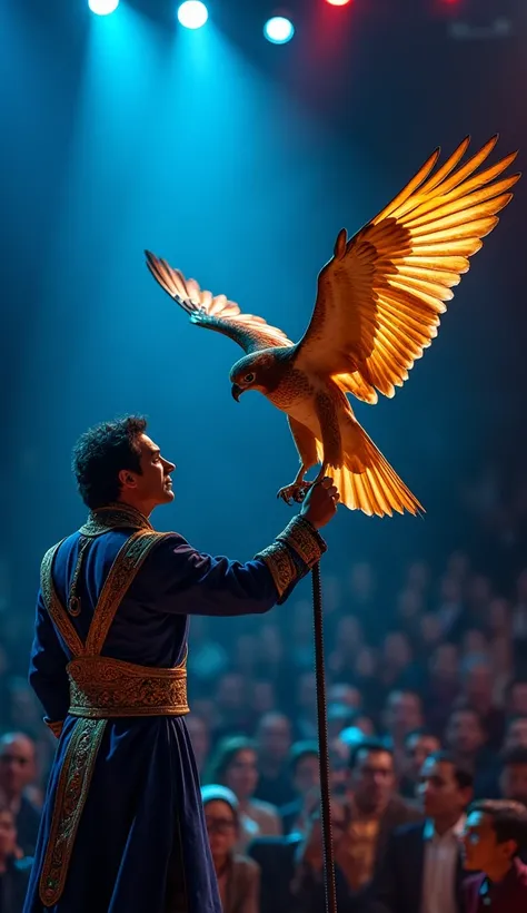 "A captivating grand stage performance featuring a man in a royal blue and gold outfit. He stands confidently while interacting with a majestic golden falcon perched on his arm. The falcons radiant feathers shimmer with hues of gold and bronze under the dr...