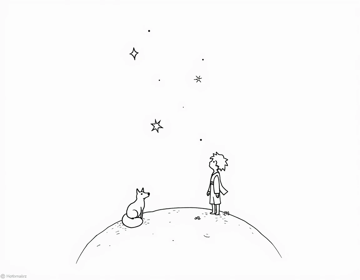  Create a little prince design for a black and white tattoo with only lines ,  that the little prince has the red rose in his hand and is looking up at the stars, The fox is facing forward ,  and that they are sitting on a small planet .