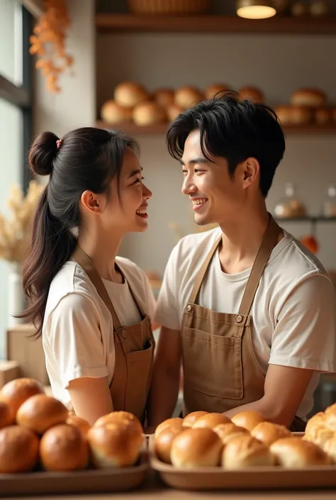 Show me how a guy and a girl both have dark hair and Asians must be beautiful selling bread and smiling at the first customers who come to them for bread be sure to show me how they sell it  , show their emotions and make the photo cozy but they should be ...