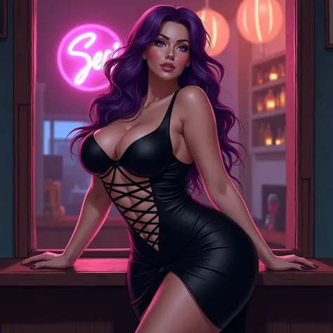 Woman with big breasts, big butt and small waist , long purple hair violet eyes, wears a black dress with a complex design of straps on the top and a black skirt,In a strip clubHiperrealismo, 