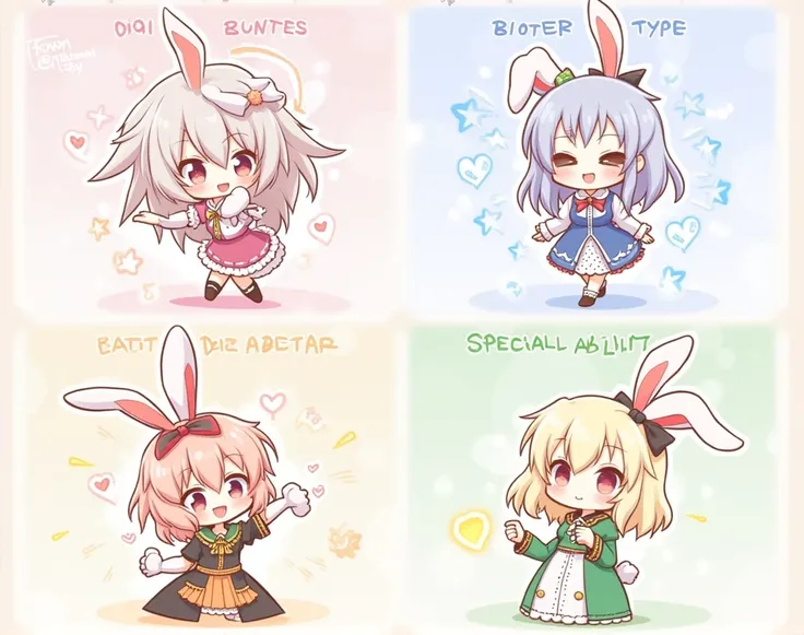 A charming anime-style illustration featuring four unique bunny girls in the Melancholy Rabbit style, arranged in a four-panel layout. Each bunny girl has distinct characteristics: a Power Type bunny girl showcasing strength, a Speed Type bunny girl depict...