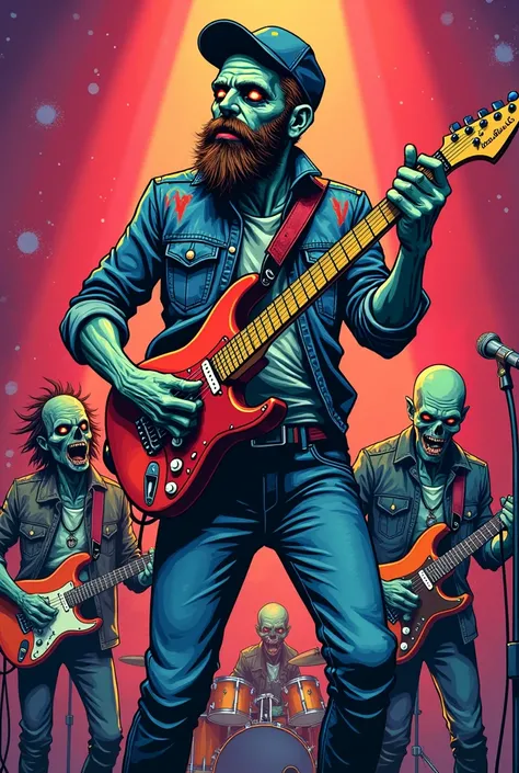 Colourful comic drawing 
Punk Rock Band 5 members zombies guitars drums and bass 
Zombie male solo singer with jockey cap and microphone beard in his hands  drums 