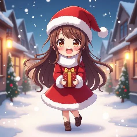 Little character style full body illustration 。
 A girl with brown hair about the length of her chest is cosplaying as Santa Claus。
 holding a present with both hands and a big smile 。
 little character style animated illustration {x} The background is a w...